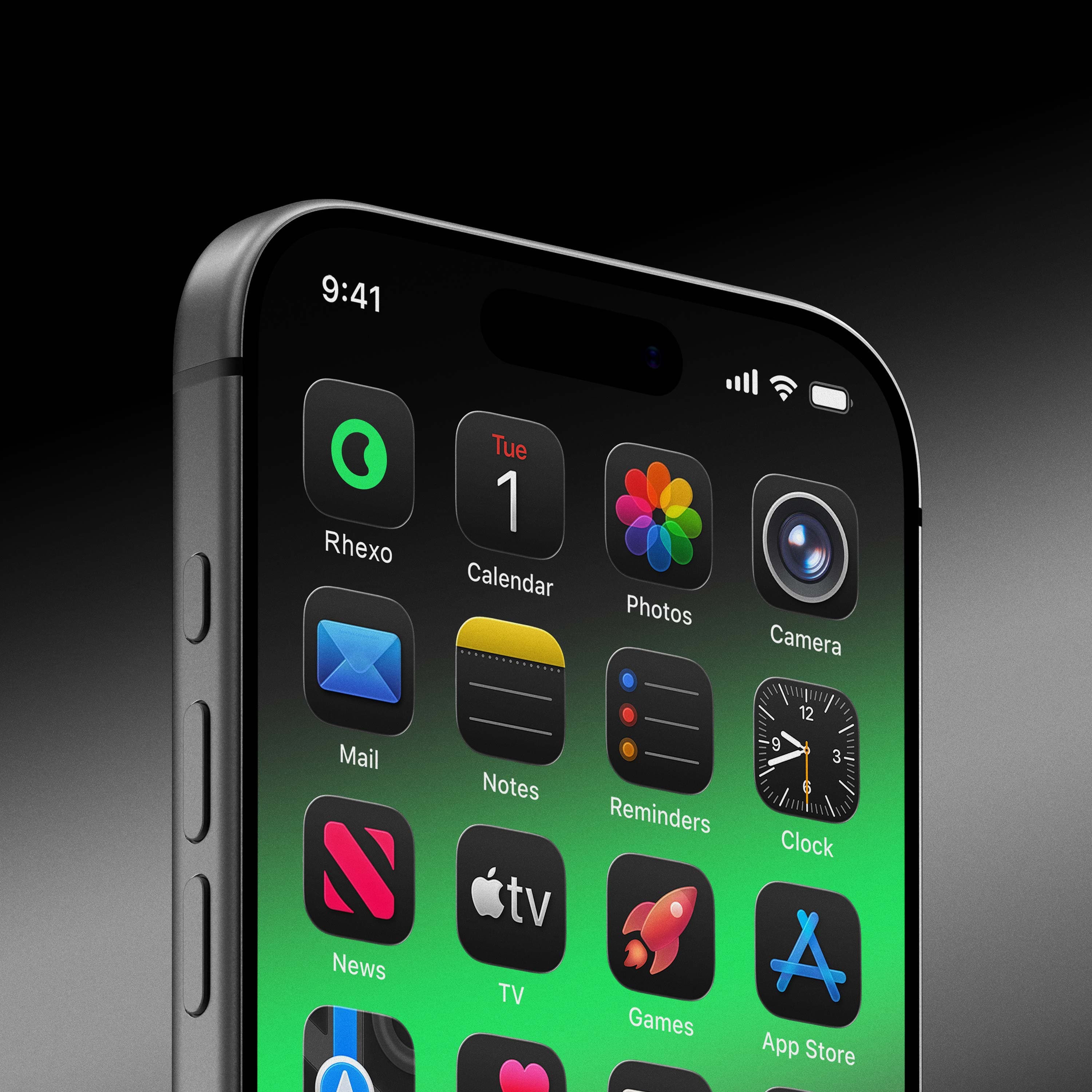 Rhexo AI fitness app iOS icon design on iPhone home screen